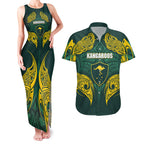 Custom Kangaroos Rugby Couples Matching Tank Maxi Dress and Hawaiian Shirt Polynesian Tribal Pattern Green Gold National Team