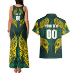 Custom Kangaroos Rugby Couples Matching Tank Maxi Dress and Hawaiian Shirt Polynesian Tribal Pattern Green Gold National Team