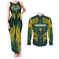 Custom Kangaroos Rugby Couples Matching Tank Maxi Dress and Long Sleeve Button Shirt Polynesian Tribal Pattern Green Gold National Team