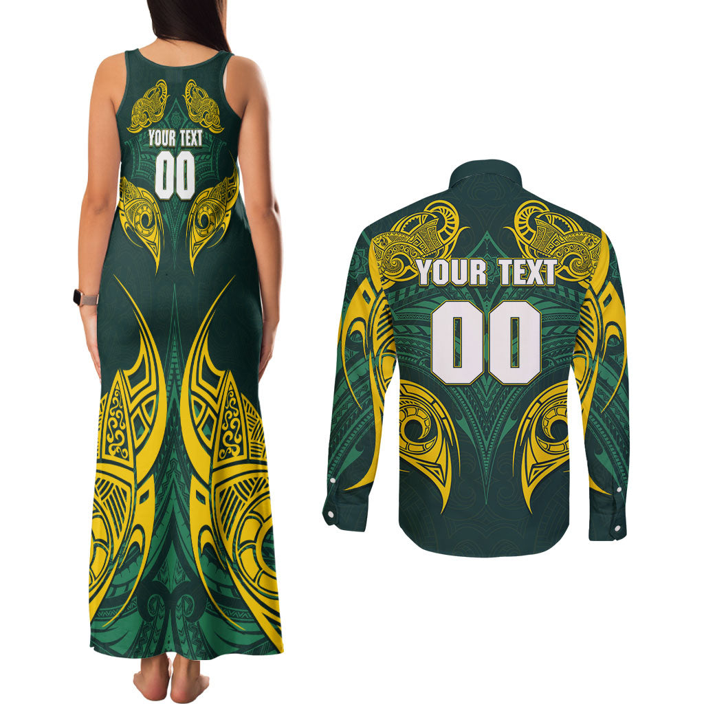 Custom Kangaroos Rugby Couples Matching Tank Maxi Dress and Long Sleeve Button Shirt Polynesian Tribal Pattern Green Gold National Team