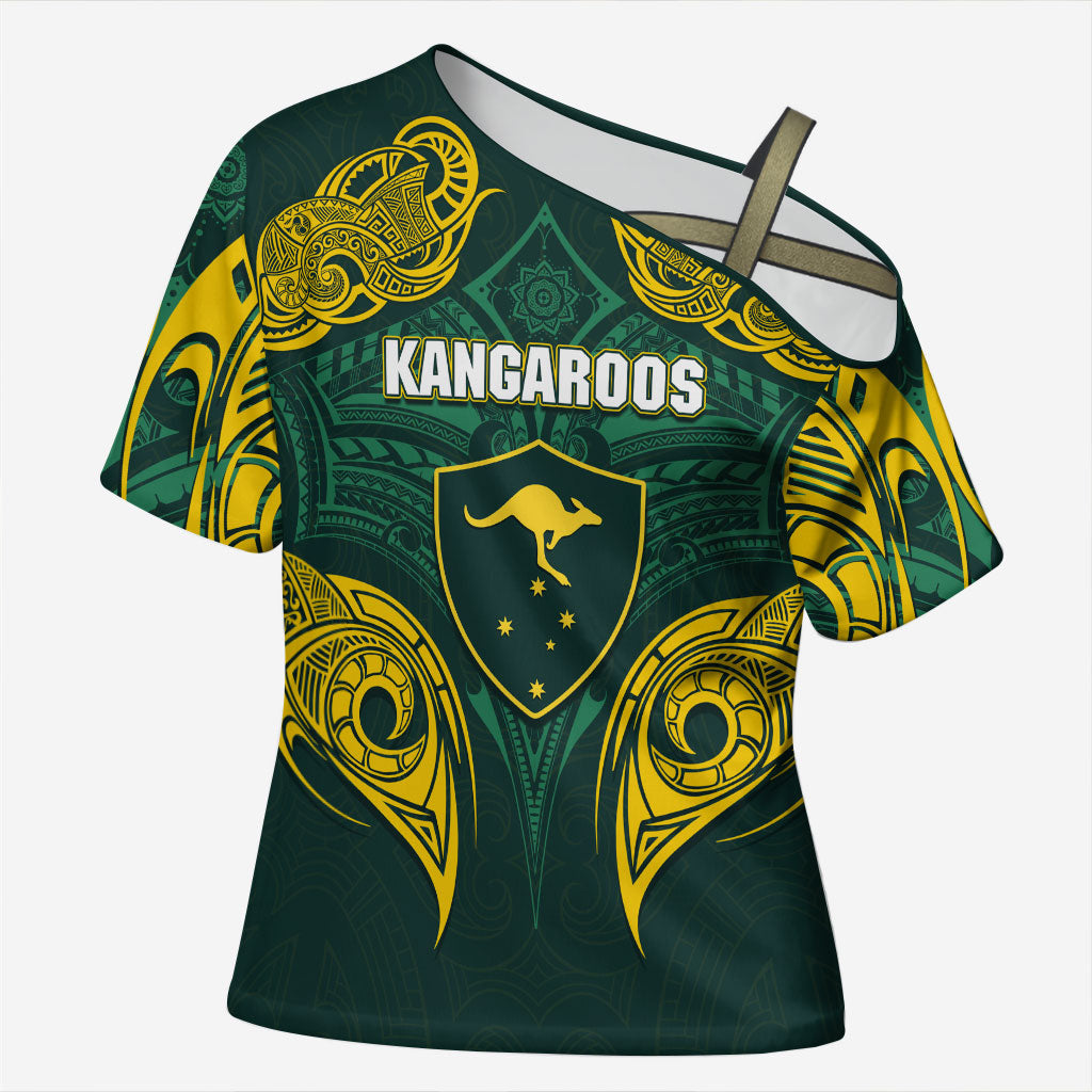 Custom Kangaroos Rugby Cross Shoulder Shirt Polynesian Tribal Pattern Green Gold National Team