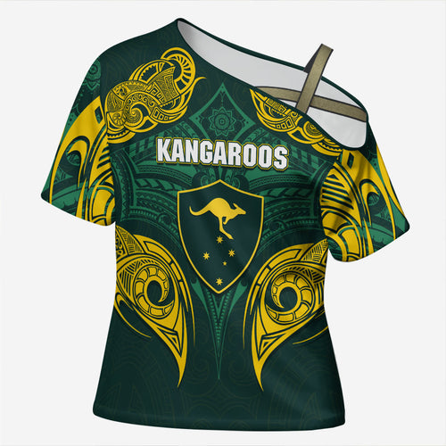 Custom Kangaroos Rugby Cross Shoulder Shirt Polynesian Tribal Pattern Green Gold National Team