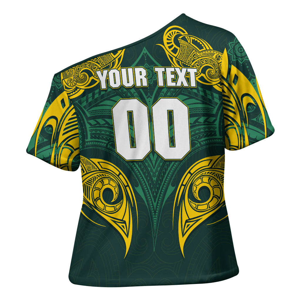 Custom Kangaroos Rugby Cross Shoulder Shirt Polynesian Tribal Pattern Green Gold National Team