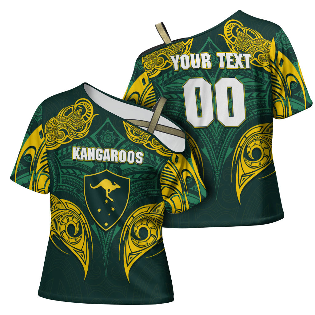 Custom Kangaroos Rugby Cross Shoulder Shirt Polynesian Tribal Pattern Green Gold National Team