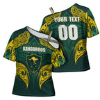 Custom Kangaroos Rugby Cross Shoulder Shirt Polynesian Tribal Pattern Green Gold National Team