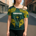 Custom Kangaroos Rugby Cross Shoulder Shirt Polynesian Tribal Pattern Green Gold National Team