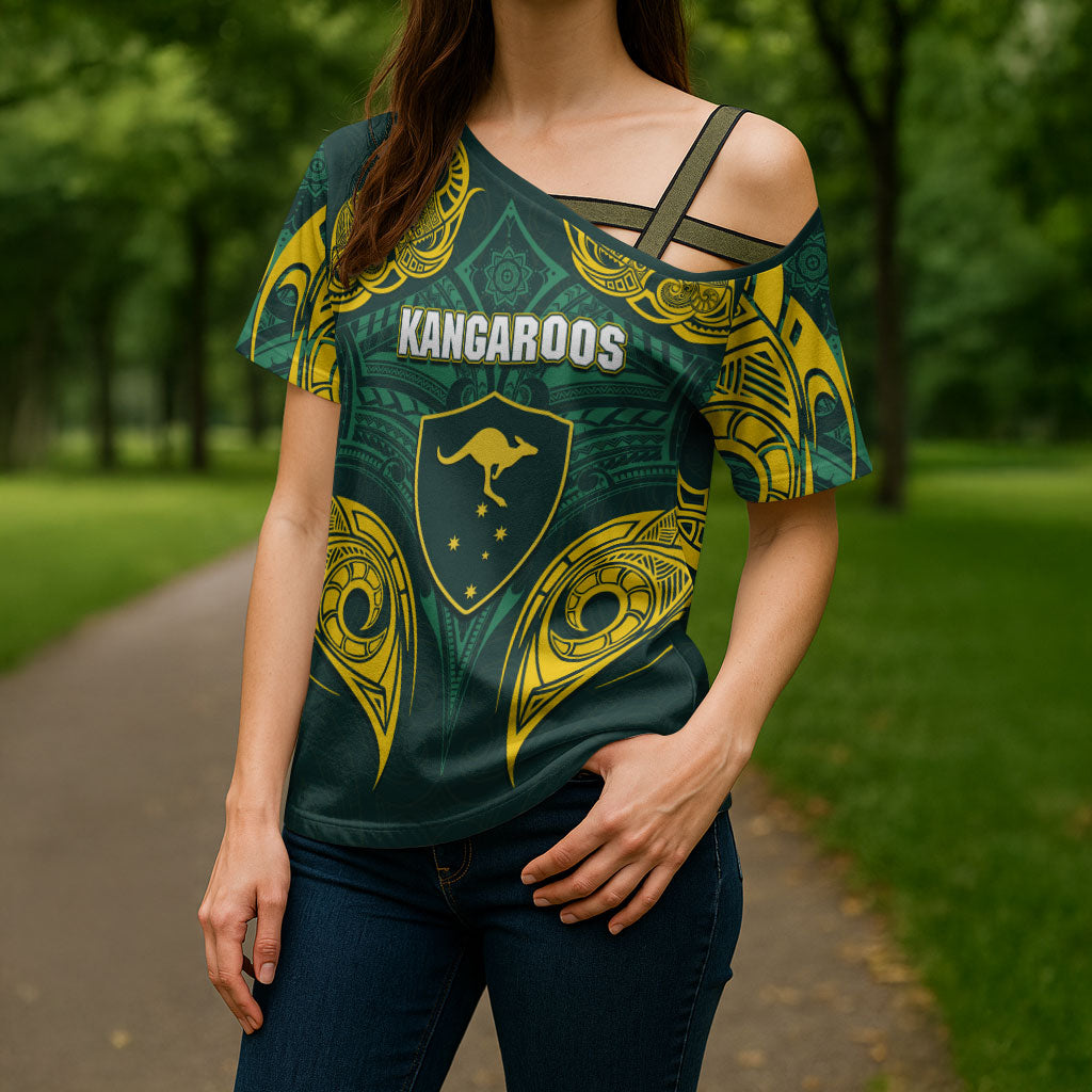 Custom Kangaroos Rugby Cross Shoulder Shirt Polynesian Tribal Pattern Green Gold National Team
