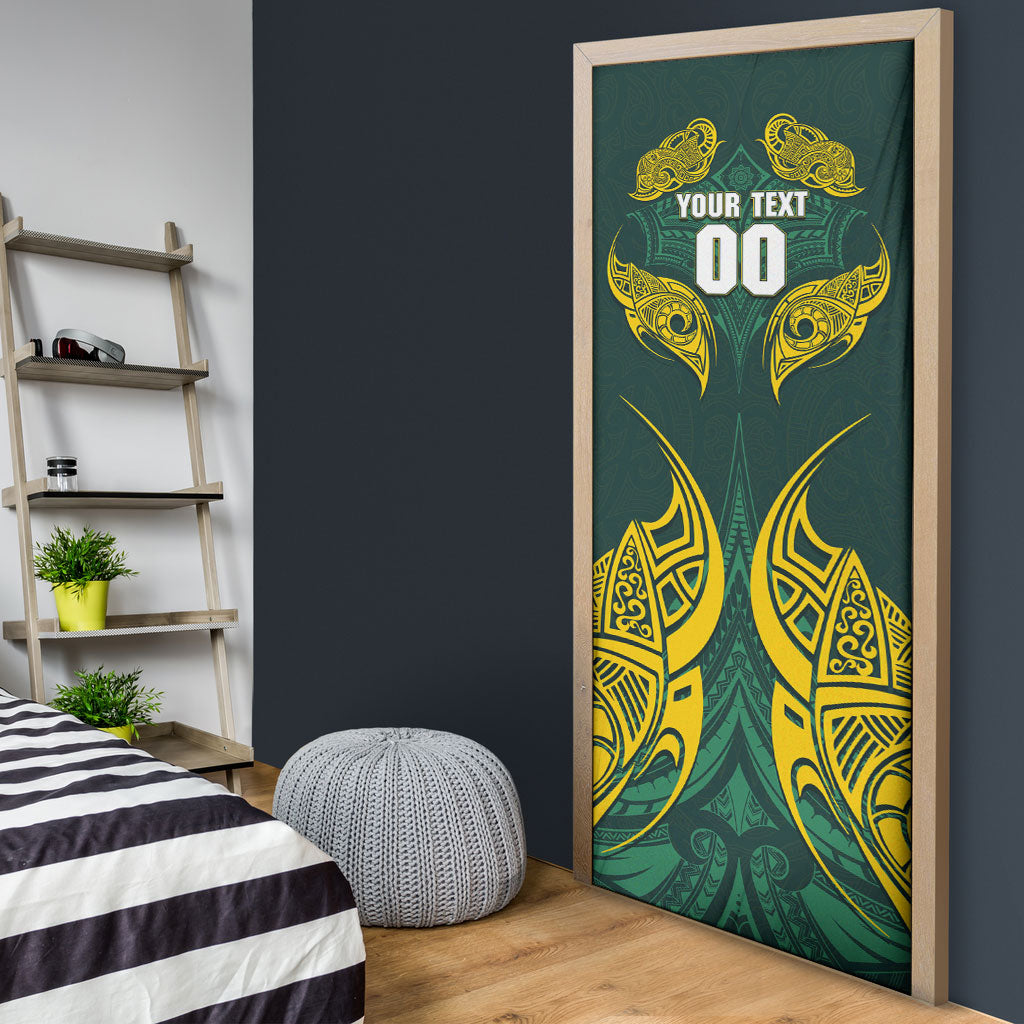 Custom Kangaroos Rugby Door Cover Polynesian Tribal Pattern Green Gold National Team