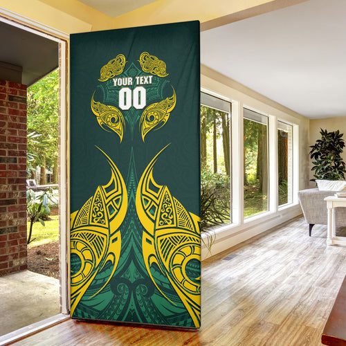 Custom Kangaroos Rugby Door Cover Polynesian Tribal Pattern Green Gold National Team