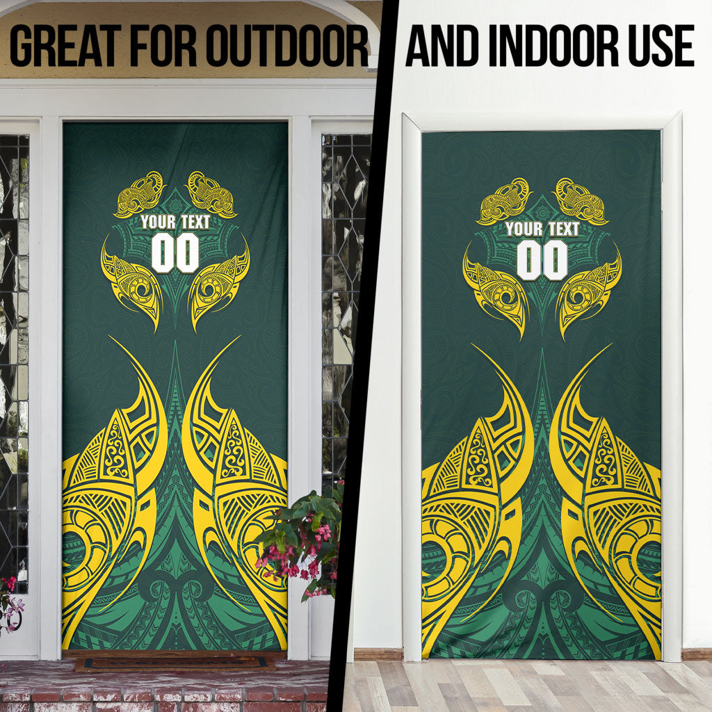 Custom Kangaroos Rugby Door Cover Polynesian Tribal Pattern Green Gold National Team