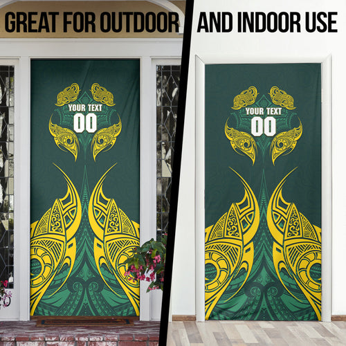 Custom Kangaroos Rugby Door Cover Polynesian Tribal Pattern Green Gold National Team