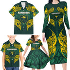 Custom Kangaroos Rugby Family Matching Long Sleeve Bodycon Dress and Hawaiian Shirt Polynesian Tribal Pattern Green Gold National Team