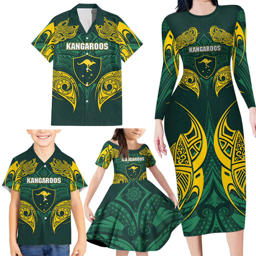 Custom Kangaroos Rugby Family Matching Long Sleeve Bodycon Dress and Hawaiian Shirt Polynesian Tribal Pattern Green Gold National Team