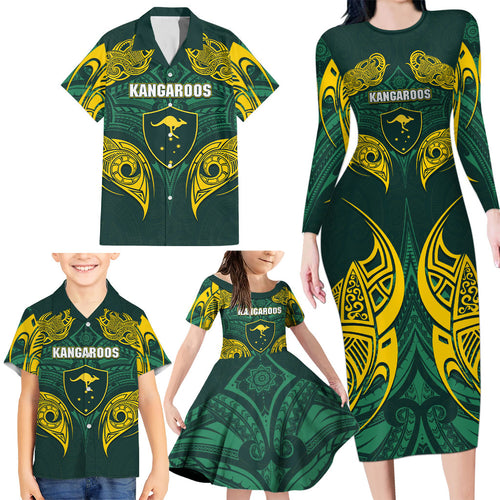 Custom Kangaroos Rugby Family Matching Long Sleeve Bodycon Dress and Hawaiian Shirt Polynesian Tribal Pattern Green Gold National Team
