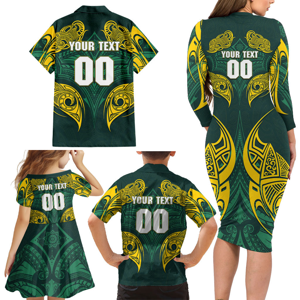 Custom Kangaroos Rugby Family Matching Long Sleeve Bodycon Dress and Hawaiian Shirt Polynesian Tribal Pattern Green Gold National Team