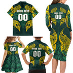 Custom Kangaroos Rugby Family Matching Long Sleeve Bodycon Dress and Hawaiian Shirt Polynesian Tribal Pattern Green Gold National Team