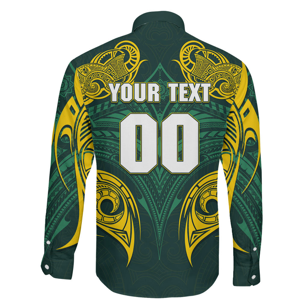 Custom Kangaroos Rugby Family Matching Long Sleeve Bodycon Dress and Hawaiian Shirt Polynesian Tribal Pattern Green Gold National Team