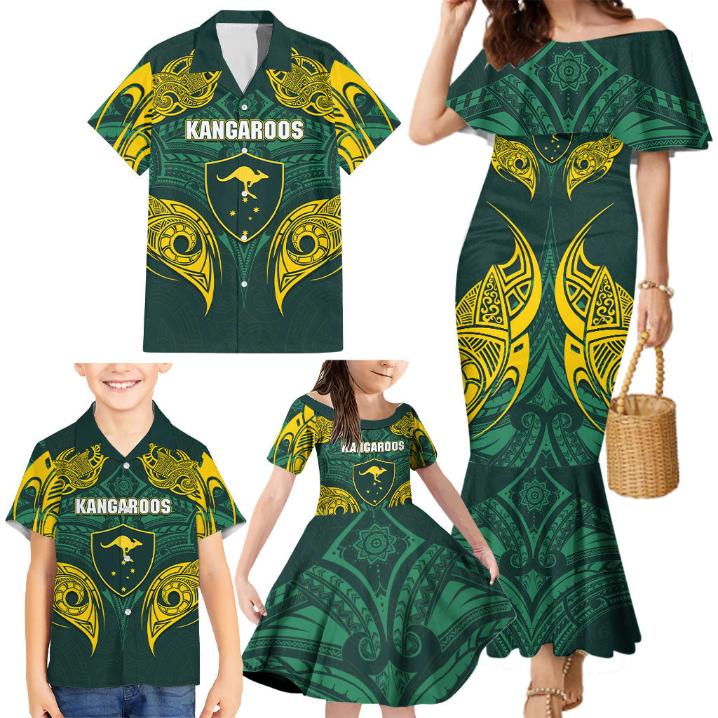Custom Kangaroos Rugby Family Matching Mermaid Dress and Hawaiian Shirt Polynesian Tribal Pattern Green Gold National Team