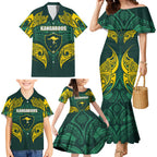 Custom Kangaroos Rugby Family Matching Mermaid Dress and Hawaiian Shirt Polynesian Tribal Pattern Green Gold National Team