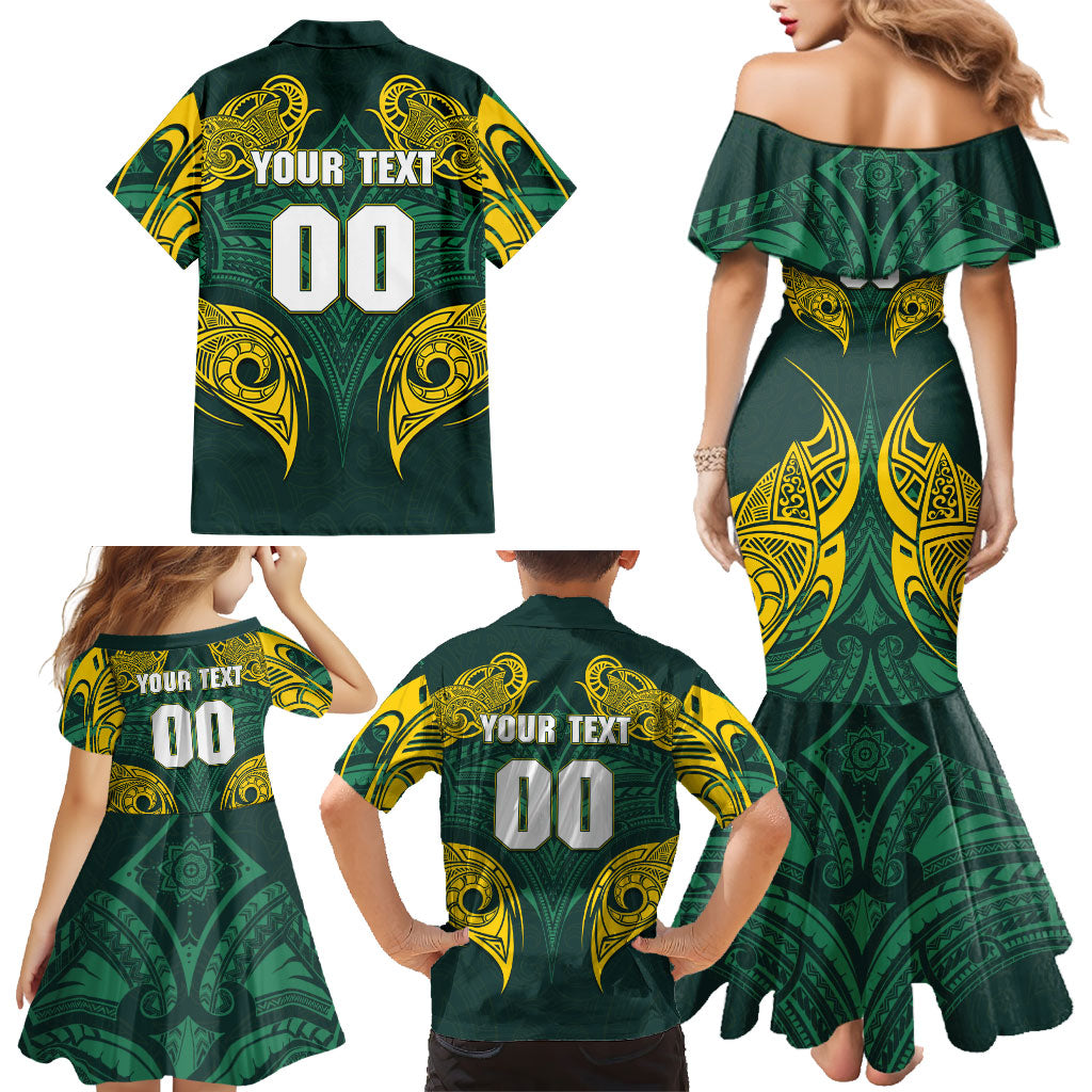 Custom Kangaroos Rugby Family Matching Mermaid Dress and Hawaiian Shirt Polynesian Tribal Pattern Green Gold National Team