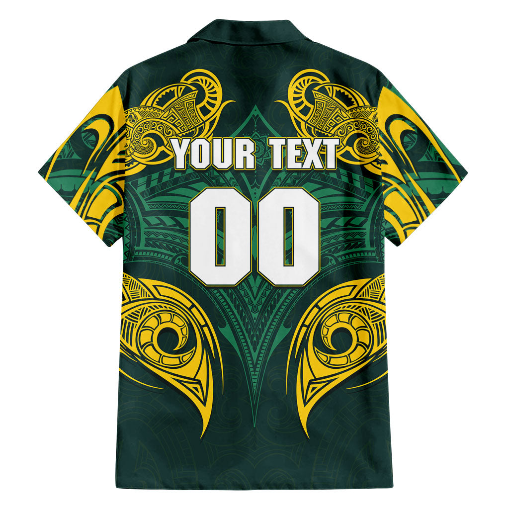 Custom Kangaroos Rugby Family Matching Mermaid Dress and Hawaiian Shirt Polynesian Tribal Pattern Green Gold National Team