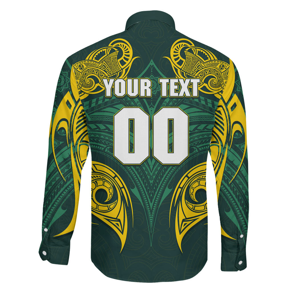 Custom Kangaroos Rugby Family Matching Mermaid Dress and Hawaiian Shirt Polynesian Tribal Pattern Green Gold National Team