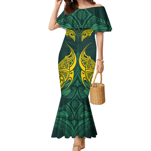 Custom Kangaroos Rugby Family Matching Mermaid Dress and Hawaiian Shirt Polynesian Tribal Pattern Green Gold National Team