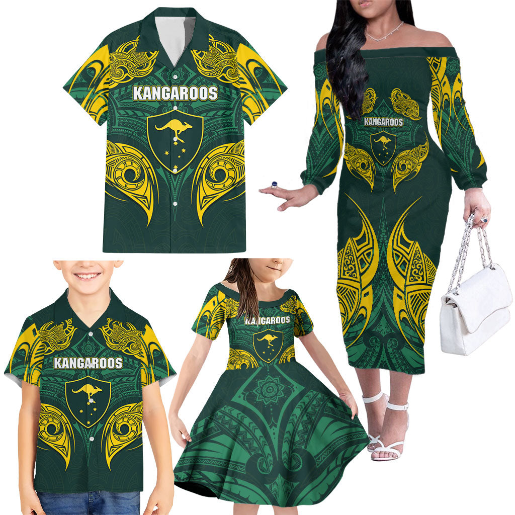 Custom Kangaroos Rugby Family Matching Off The Shoulder Long Sleeve Dress and Hawaiian Shirt Polynesian Tribal Pattern Green Gold National Team