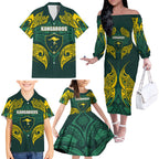 Custom Kangaroos Rugby Family Matching Off The Shoulder Long Sleeve Dress and Hawaiian Shirt Polynesian Tribal Pattern Green Gold National Team