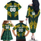 Custom Kangaroos Rugby Family Matching Off The Shoulder Long Sleeve Dress and Hawaiian Shirt Polynesian Tribal Pattern Green Gold National Team