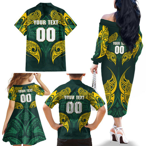 Custom Kangaroos Rugby Family Matching Off The Shoulder Long Sleeve Dress and Hawaiian Shirt Polynesian Tribal Pattern Green Gold National Team