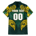 Custom Kangaroos Rugby Family Matching Off The Shoulder Long Sleeve Dress and Hawaiian Shirt Polynesian Tribal Pattern Green Gold National Team