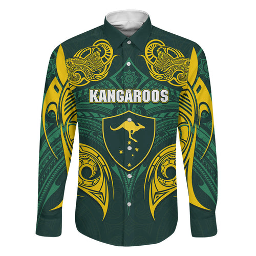Custom Kangaroos Rugby Family Matching Off The Shoulder Long Sleeve Dress and Hawaiian Shirt Polynesian Tribal Pattern Green Gold National Team