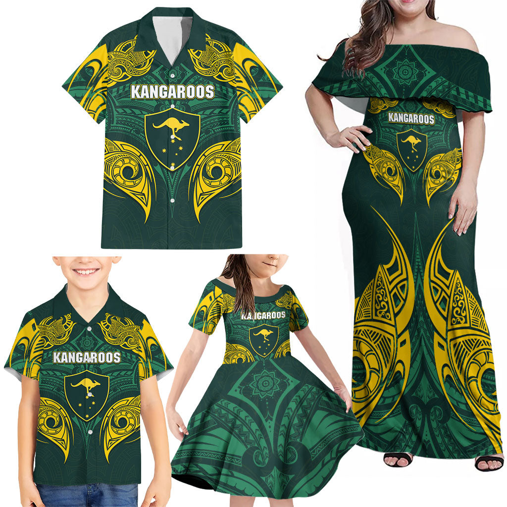 Custom Kangaroos Rugby Family Matching Off Shoulder Maxi Dress and Hawaiian Shirt Polynesian Tribal Pattern Green Gold National Team
