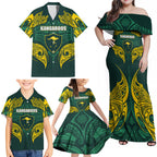 Custom Kangaroos Rugby Family Matching Off Shoulder Maxi Dress and Hawaiian Shirt Polynesian Tribal Pattern Green Gold National Team