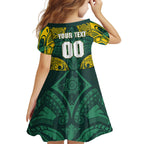 Custom Kangaroos Rugby Family Matching Off Shoulder Maxi Dress and Hawaiian Shirt Polynesian Tribal Pattern Green Gold National Team