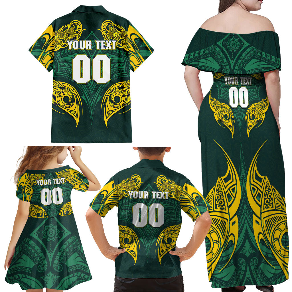 Custom Kangaroos Rugby Family Matching Off Shoulder Maxi Dress and Hawaiian Shirt Polynesian Tribal Pattern Green Gold National Team