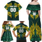 Custom Kangaroos Rugby Family Matching Off Shoulder Maxi Dress and Hawaiian Shirt Polynesian Tribal Pattern Green Gold National Team