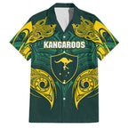 Custom Kangaroos Rugby Family Matching Off Shoulder Maxi Dress and Hawaiian Shirt Polynesian Tribal Pattern Green Gold National Team