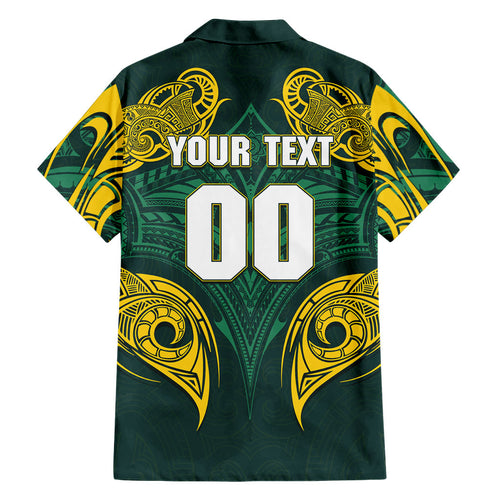 Custom Kangaroos Rugby Family Matching Off Shoulder Maxi Dress and Hawaiian Shirt Polynesian Tribal Pattern Green Gold National Team