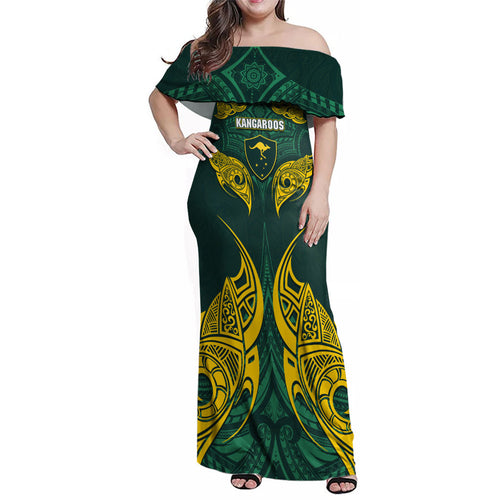 Custom Kangaroos Rugby Family Matching Off Shoulder Maxi Dress and Hawaiian Shirt Polynesian Tribal Pattern Green Gold National Team