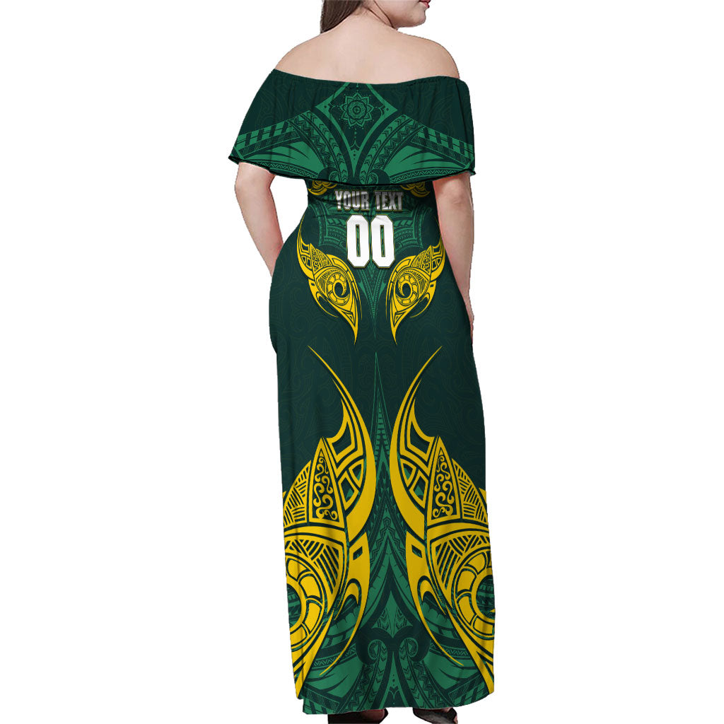 Custom Kangaroos Rugby Family Matching Off Shoulder Maxi Dress and Hawaiian Shirt Polynesian Tribal Pattern Green Gold National Team