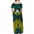 Custom Kangaroos Rugby Family Matching Off Shoulder Maxi Dress and Hawaiian Shirt Polynesian Tribal Pattern Green Gold National Team