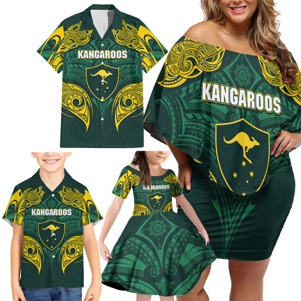 Custom Kangaroos Rugby Family Matching Off Shoulder Short Dress and Hawaiian Shirt Polynesian Tribal Pattern Green Gold National Team