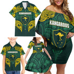 Custom Kangaroos Rugby Family Matching Off Shoulder Short Dress and Hawaiian Shirt Polynesian Tribal Pattern Green Gold National Team