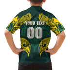 Custom Kangaroos Rugby Family Matching Off Shoulder Short Dress and Hawaiian Shirt Polynesian Tribal Pattern Green Gold National Team