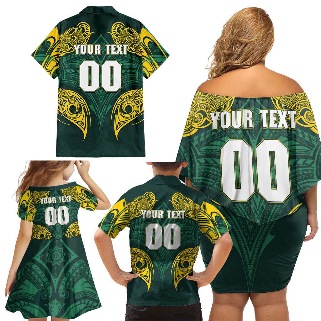 Custom Kangaroos Rugby Family Matching Off Shoulder Short Dress and Hawaiian Shirt Polynesian Tribal Pattern Green Gold National Team