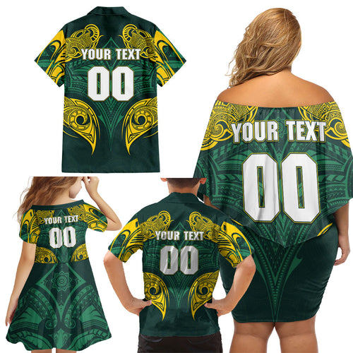 Custom Kangaroos Rugby Family Matching Off Shoulder Short Dress and Hawaiian Shirt Polynesian Tribal Pattern Green Gold National Team