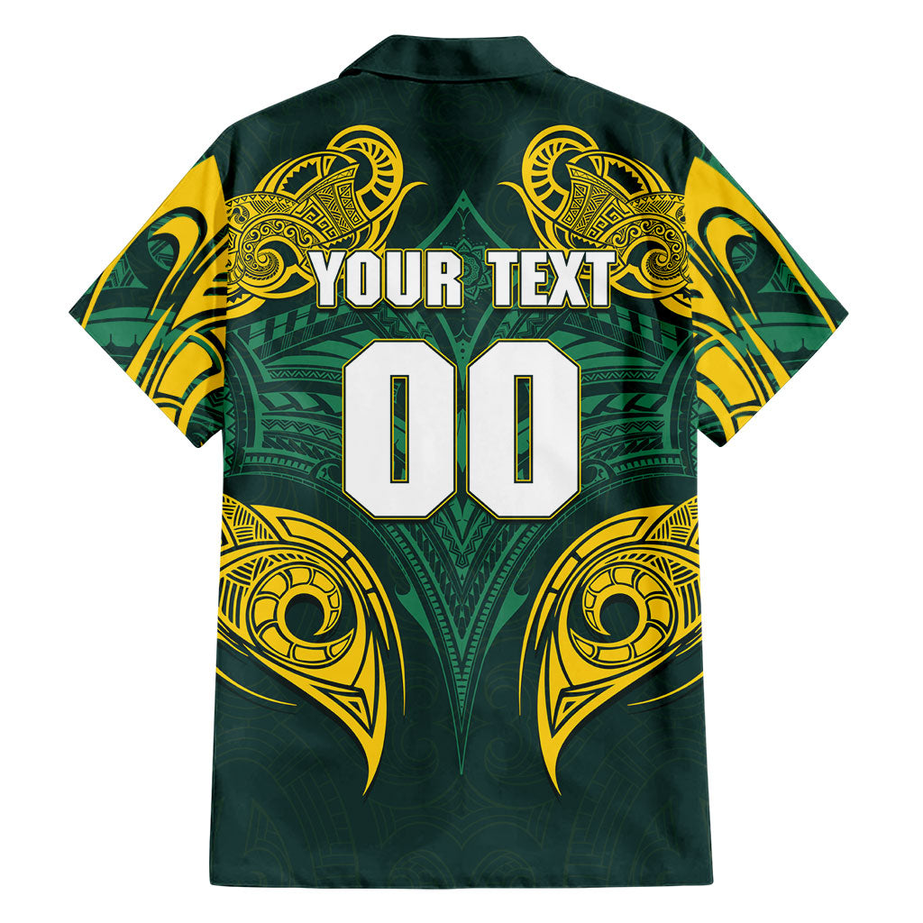 Custom Kangaroos Rugby Family Matching Off Shoulder Short Dress and Hawaiian Shirt Polynesian Tribal Pattern Green Gold National Team