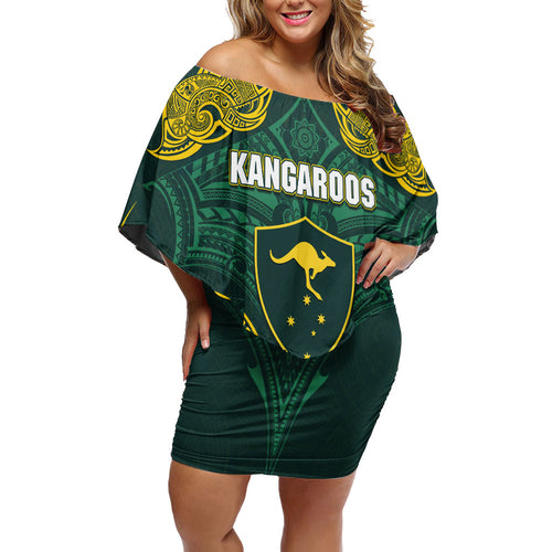 Custom Kangaroos Rugby Family Matching Off Shoulder Short Dress and Hawaiian Shirt Polynesian Tribal Pattern Green Gold National Team